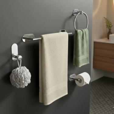Imagem de Kit Porta Toalha Banheiro Acessórios Sem Furo Cromado Lavabo Adesivo 4