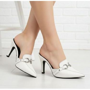 Imagem de Sapato Scarpin Scarpan Mule Salto Alto Bico Fino 9 cm Feminino, Branco