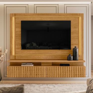 Imagem de Painel Rack Bancada Gaia Com 2 Gavetas E Iluminação Em Led Cumaru - Pallazio