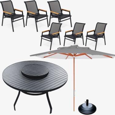 Imagem de Jogo De Mesa Giratória 6 Cadeiras Resistente Piscina área Externa + Guarda Sol Preto