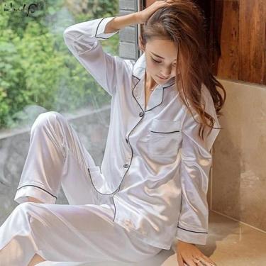 Imagem de Conjunto De Pijama De Seda Para Mulheres Com Camisa De Manga Longa E B