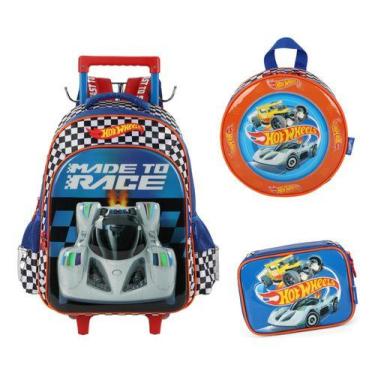 Imagem de Kit Mochila Carrinho Lancheira Estojo Original Hot Wheels, Azul