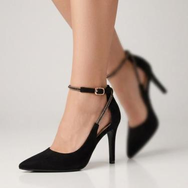 Imagem de Scarpin Bebecê Salto Alto Com Strass Nobuck Preto, Preto, 36