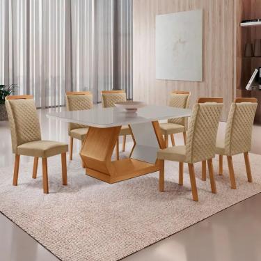 Imagem de Conjunto de Jantar Alvorada Lorena 6 Lugares Tampo MDF com Vidro Copo Cadeiras Off White 180CM Moderna
