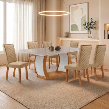Imagem de Conjunto de Jantar Milena 6 Lugares Tampo MDF com Vidro Serigrafado e Cadeiras Lira Off White 180CM Moderna