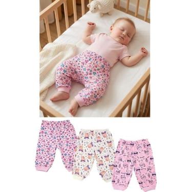 Imagem de KIT 3 CALÇAS ESTAMPADAS COM PUNHO PARA BEBÊ ÓTIMA QUALIDADE COR:2 Rosa
