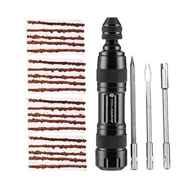 Imagem de Newmind Kit de reparo de pneu sem câmara de ar, para pneus de bicicleta MTB Road conserta uma perfuração ou plana, inclui ferramenta de plugue de lata de armazenamento com plugues, 20 tiras de bacon – Preto