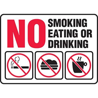 Imagem de Accuform Placas MSMG537VS Placa de segurança de vinil adesiva, lenda "No Smoking Eating Or Drinking" com gráficos, 18 cm de comprimento x 25 cm de largura x 0 cm de espessura, vermelho/preto sobre branco