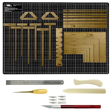 Imagem de Base Apoio de Corte 45x30 Preta Kit Scrapbook Encadernação Réguas e Gabaritos em Mdf Régua 30cm (Estilete Vermelho)