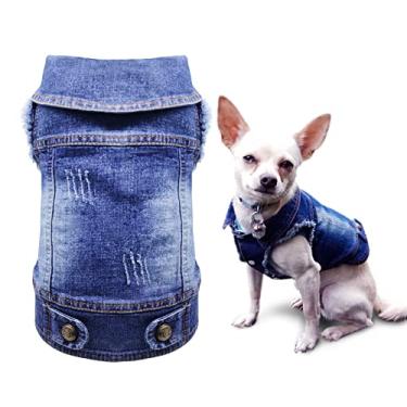Imagem de (L(neck:11 chest:14-16 back:10), F) - SILD Pet Clothes Dog Jeans Jacket Cool Blue Denim Coat For Small Medium Dogs Lapel Vests Classic Hoodies Puppy Blue Vintage Washed Clothes