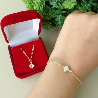 Imagem de Conjunto Colar + Pulseira Pedra Retangular Banhado A Ouro