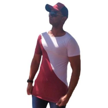 Imagem de Camiseta Long Masculina Oversized Swag Longline Cruzado Vinho E Branca