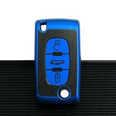 Imagem de CSHU Couro TPU 2 3 Botões Car Key Case Cover Chaveiro Ring Key Bag, apto para Peugeot 107 207 307 307S 308 407 607 Citroen C2 C3 C4 C5 C6 C8,3 botão azul