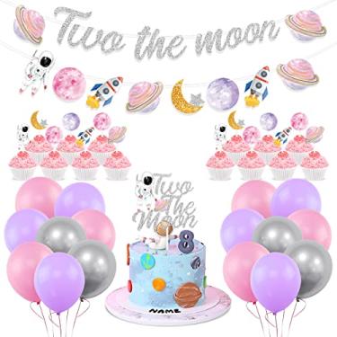 Imagem de Two the moon Banner Decorations Kit,Girl Space Birthday Banner,Two The Moon Cake Topper for Baby 2nd Birthday Party,2 the Moon Space Birthday Party,Outer Space Theme Decor,To the Moon Decoration