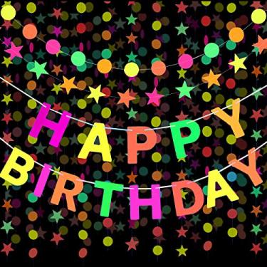 Imagem de WILLBOND 3 peças de banner neon Happy Birthday Black Light Circle Dots Banner colorido Star Garland reativo UV neon papel decorações para pendurar para festa de aniversário, festa de casamento, brilho