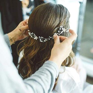 Imagem de Jakawin Noiva Acessórios de videira de cabelo de noiva Peça de cabelo de flor Peça de cabeça de noiva prata para mulheres HV054