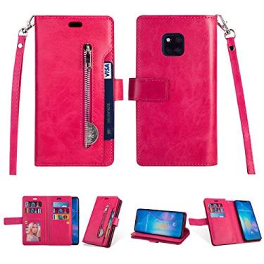 Imagem de Capa para Huawei Mate 20 Pro, carteira de couro PU fólio flip capa com zíper bolso slots para cartão fecho magnético capa protetora à prova de choque com alça de pulso para Huawei Mate 20 Pro (rosa vermelha)