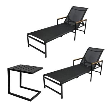 Imagem de Sarah Móveis Kit de 2 Espreguiçadeiras e 1 Mesinha Alumínio Piscina e Jardim - Design Moderno de Jardim - Preto - Alumínio e Tecido com Tratamento Anti UV e Antimicrobiano - Exterior