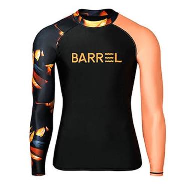 Imagem de Letuwj Conjunto Rash Guard masculino de surf, fato de banho com snorkeling de manga comprida, proteção solar, roupa de banho de secagem rápida, top preto laranja GG