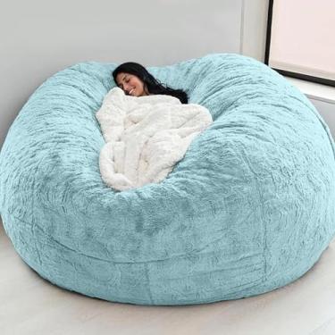 Imagem de Almofada para cadeira Capa de saco de feijão de pele sintética gigante Móveis grandes redondos macios fofos portáteis para sala de estar Capa de sofá-cama preguiçosa (sem enchimento), azul,