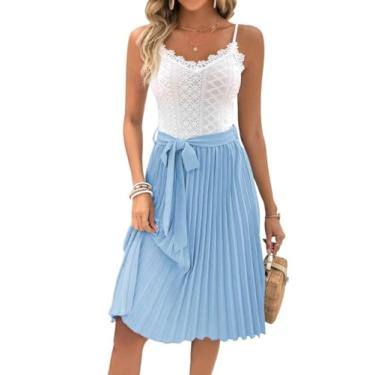 Imagem de Camisa Feminina Two Tone Guipure Lace Panel Pleated Hem Belted Cami Dress (Color : Blue and White, Size : M)