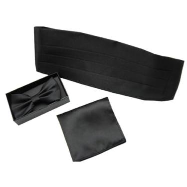 Imagem de Cor sólida 3 peças acessórios de smoking moda masculino lenço clássico gravata borboleta na moda bolso quadrado faixa, Preto, 1