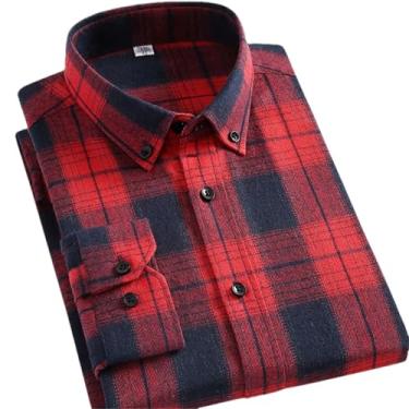 Imagem de ZMIN Camisetas casuais primavera outono roupas masculinas manga longa xadrez camisa masculina xadrez camisa masculina manga longa, Treliça vinho tinto, G