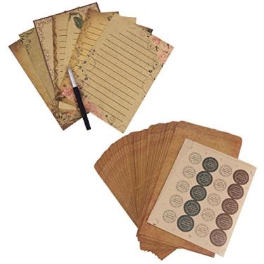 Imagem de Envelopes de papel Kraft, Yoption Pacote com 50 envelopes de papel Kraft marrom clássico à moda antiga para escrita e impressão, com 20 adesivos, Envelopes+writing Paper Letter Set