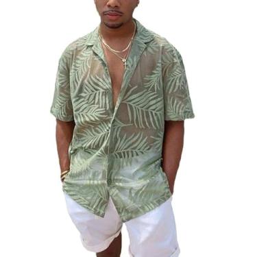 Imagem de Camiseta masculina transparente com estampa de folhas, manga curta, slim fit, botão frontal, novidade, blusa de malha transparente, tops de praia (Color : Green, Size : XL)