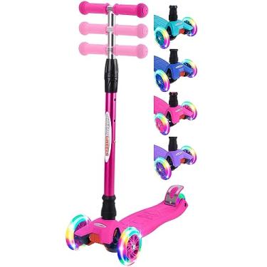 Imagem de ChromeWheels Scooters para crianças, Deluxe 3 rodas patinete 4 altura ajustável 59,9 kg limite de peso, roda inclinada para dirigir com iluminação LED, melhores presentes para meninas meninos de 3 a 12 anos, rosa