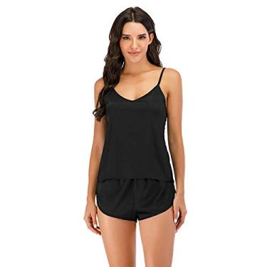 Imagem de LUZBOSE Confortável Loungewear conjunto de pijama feminino para casa shorts pijama de cetim de seda (P, preto)