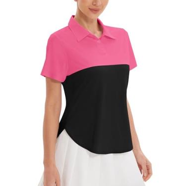 Imagem de addigi Camisa polo feminina de golfe FPS 50+, proteção solar, 3 botões, manga curta, secagem rápida, atlética, tênis, golfe, Z_Deep Pink_black, M