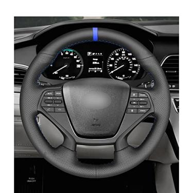 Imagem de Capa de volante de carro confortável de couro não deslizante costurada à mão preta, apto para Hyundai Sonata 9 2015 2016 2017 2018 2019