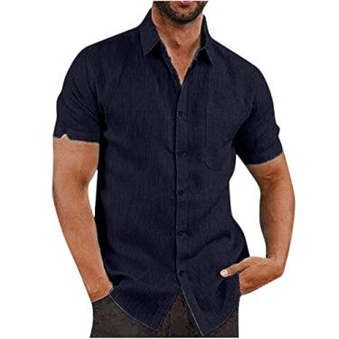 Imagem de Camisas de manga curta para homens verão outono gola alta linho férias básico blusas masculinas 2024 moda Y2K, B-258 azul-marinho, M