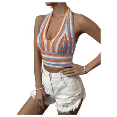 Imagem de SHENHE Top cropped feminino listrado frente única sem mangas amarrado nas costas nuas, Multicolorido A, P