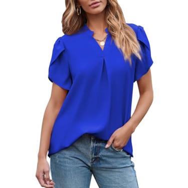 Imagem de EVALESS Blusas femininas elegantes casuais de chiffon para trabalho, verão, gola V, lindas camisetas de manga curta com pétalas soltas, Azul escuro, G