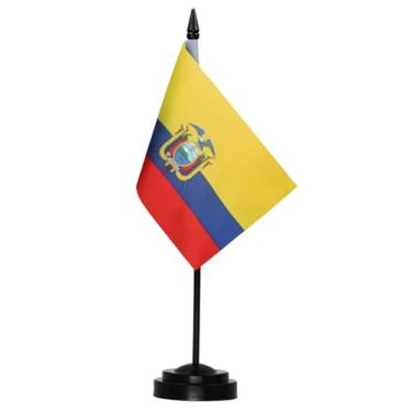 Imagem de Conjunto de bandeira de mesa de luxo Anley Equador - bandeira de mesa equatoriana em miniatura de 6 x 4 polegadas com poste sólido de 12" - resistente ao desbotamento - base preta e topo de lança