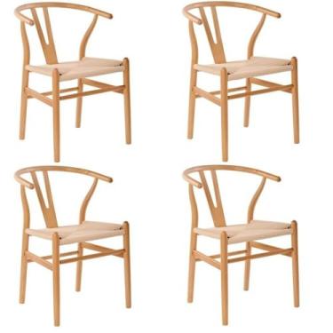 Imagem de Kit com 4 Cadeiras para Sala de Jantar Wishbone Madeira Maciça Madeira Clara