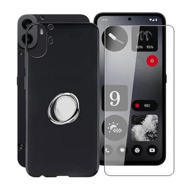 Imagem de YQINHHME Capa preta para celular Nothing CMF Phone 1 (16.9 cm) com 1 x vidro temperado + suporte de anel de metal para celular de 360°, capa fina de silicone macio de grau militar TPU à prova de