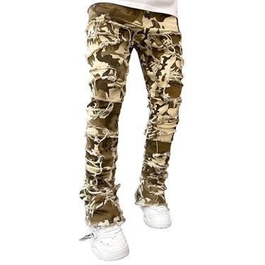 Imagem de Calça jeans masculina preta empilhada rasgada remendo desgastada calça jeans destruída streetwear calça masculina ajuste diário, Camuflagem, M