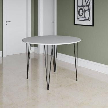 Imagem de Mesa Jantar Redonda Branca Hairpin 90cm Elen Base Ferro Preto Branco