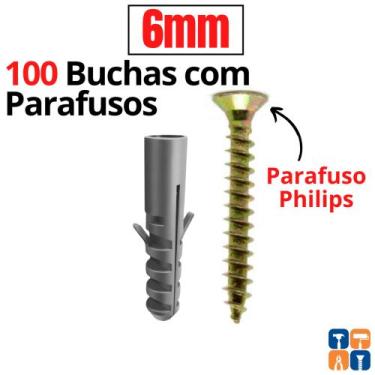 Imagem de 100 Buchas 6mm Fixação com 100 Parafusos 6 Philips Kit Buchas 6mm para