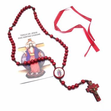Imagem de Terço Madeira Vermelho Santas Chagas Com Folheto de Oração - Padre Reg