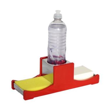 Imagem de Escorredor 16 pratos Inox Lateral Vermelho + Porta Sabão - DOMUM, Verm