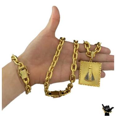 Imagem de Corrente Cadeado 14mm + Pulseira + Pingente - Banhado a Ouro - ToJoia1