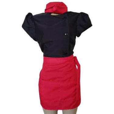 Imagem de Kit Completo Chef Feminino Preto, Dólmã com Botões, Avental de Cintura