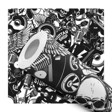 Imagem de Papel de Parede Adesivo Musica Caveira Rock Guitarra Preto e Branco Mo