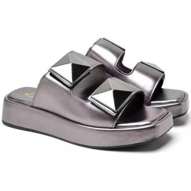 Imagem de Sandália Feminina Flat Pirâmide Ellas Online Metalizado Prata Velho, 3