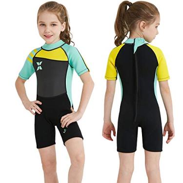 Imagem de NATYFLY Roupa de mergulho infantil, roupa de banho térmica de neoprene de 2,5 mm, roupa de mergulho curta para meninas, meninos e crianças, roupas molhadas de manga curta para natação