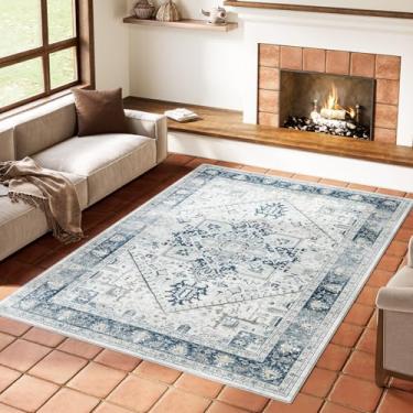 Imagem de COSOSA Tapete vintage tradicional – Tapete grande lavável de 20 x 25 cm, antiderrapante, tufado, para sala de estar, quarto, decoração de casa, tapete de cobertura de piso, azul escuro